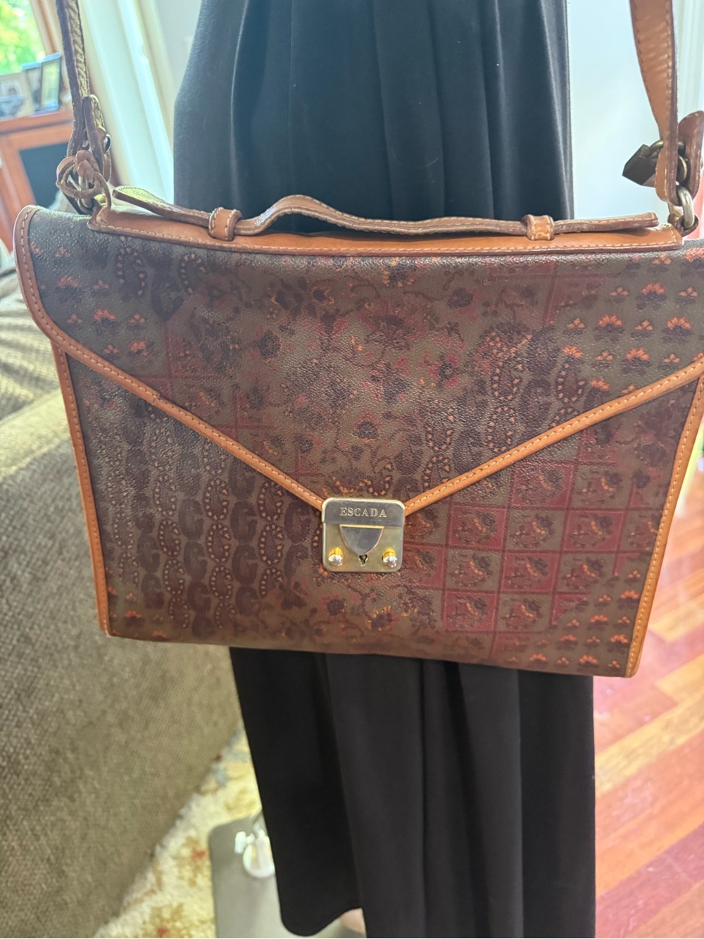 Escada Brown and Tan Embossed Leather Shoulder Bag